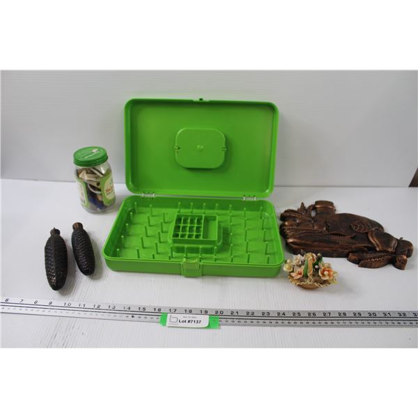 Sewing Thread Storage Container, (2) Clock Pine Cone Weights, Match in Jar, Seashell Basket Decor, V