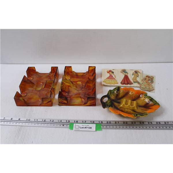 Ceramic Leaf Ashtray, (2) Pin-Up Paper Ladies, (2) Bakelite Card Holders