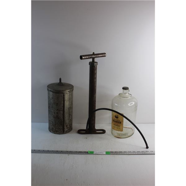 Vintage Ice Cream Churn, Tire Pump and Jordan's Branvin White Wine Glass Bottle