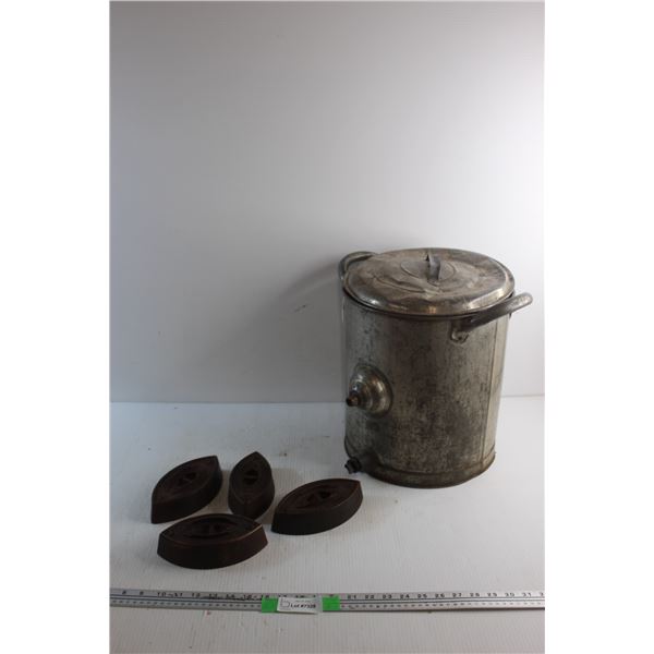 Metal Butter Churn and (4) Vintage Sad Irons