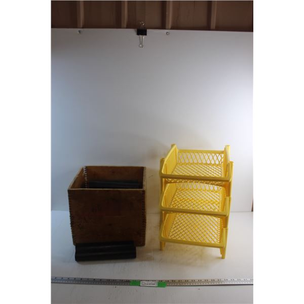 Plastic Pipes 10'' x 2''. Wooden Crate - As Is and (3) Stackable Paper Trays