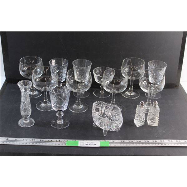 (11) Glass Goblets, Glass Flower Vase, Candy Dish and Salt & Pepper Shakers