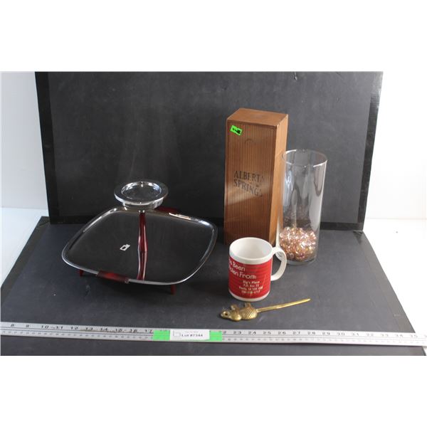 Brass Elephant Envelope Opener, Alberta Spring Bottle Box, Vase, Ceramic Mug and Serving Tray