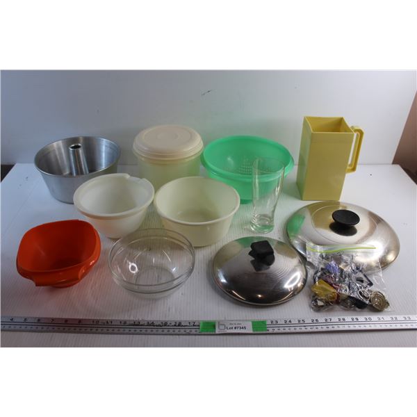 Key Chains, Tupperware Bowl, Strainer, Pot Lids, Glass, Plastic Bowls and Bundt Pan