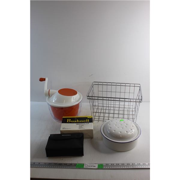 Salad Mixing Bowl, Bushnell Binoculars Case, Wired Basked and Enamel Dish with Lid
