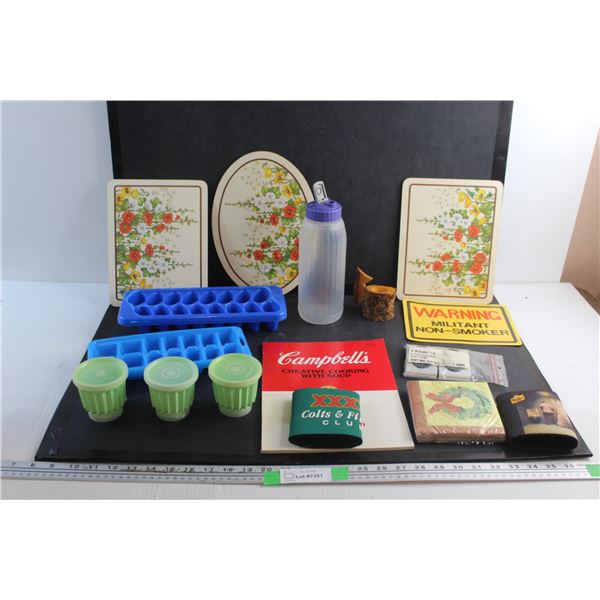 Koozies, Ice Cube Trays, Wall Decor, Tupperware Jell-O Molds, Campbells Recipe Book, Water Bottle an