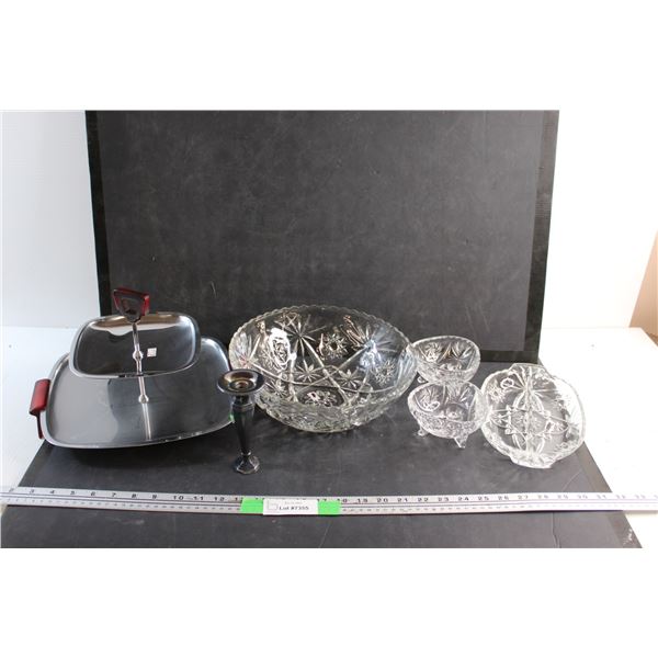 Serving Tray, Glass Bowl 11'', Candle Holder, (2) Crystal Candy Dishes and Divided Serving Crystal T