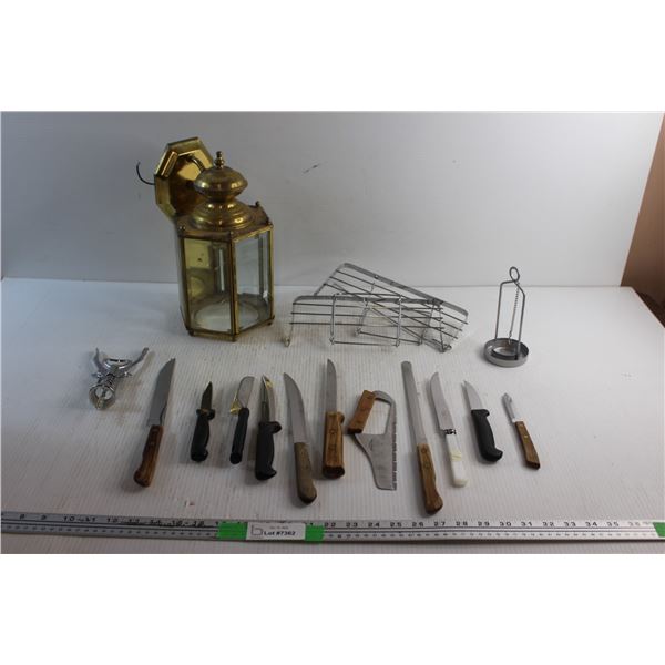 Brass Wall Light Fixture, Wine Opener, Candle Holder and Kitchen Knives