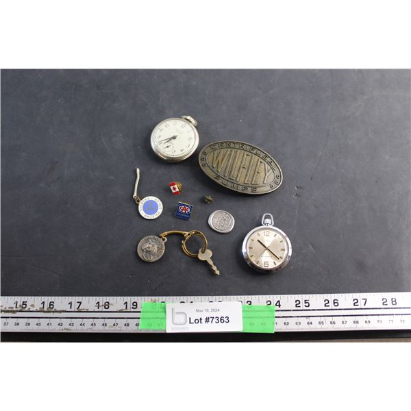 Pins, Belt Buckle and (2) Pocket Watches - As Is