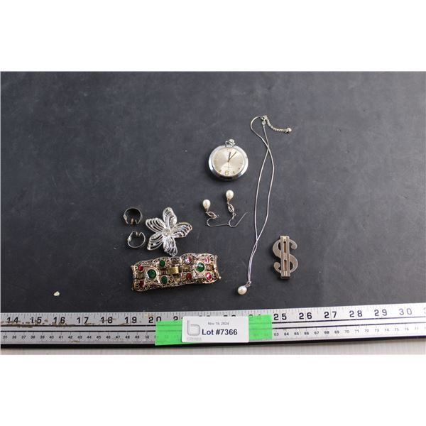 Brooch, Earrings, Necklace, Bracelet, Pocket Watch and Money Clip