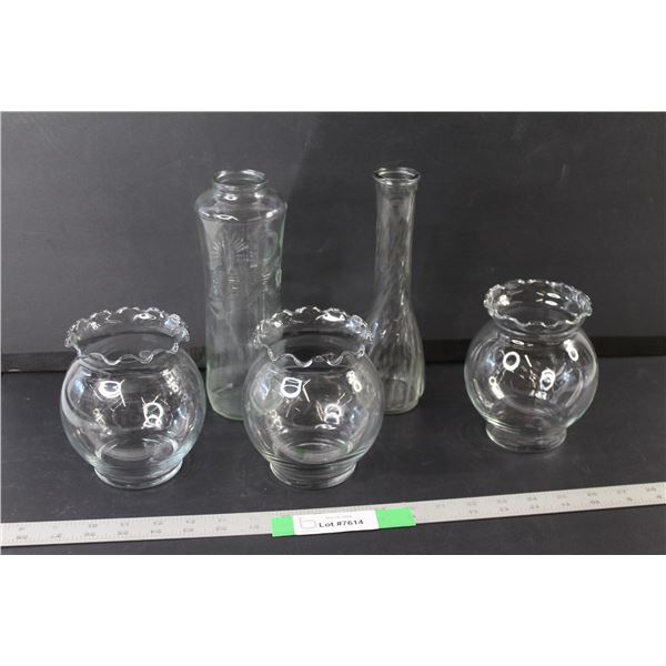 (2) Glass Vases  and (3) Rose Bowls
