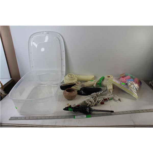 (2) Blow-dryers - tested Powers On, (3) Curling Irons - As Is, hair Care items, Plastic Tub