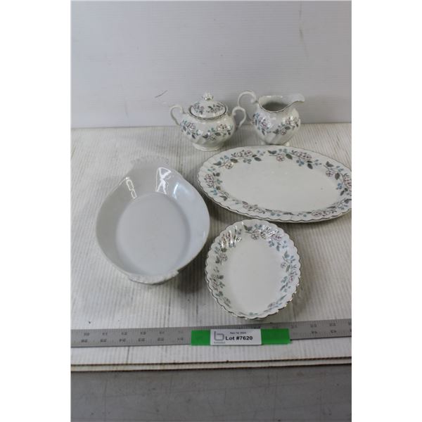 Johnson Bros Ironstone  Snowhite Regency  Cream and Sugar Set, (2) Serving Trays and a Misc. Tray