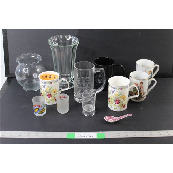 (3) Shot Glasses, (6) Cups/Mugs, (2) Vases
