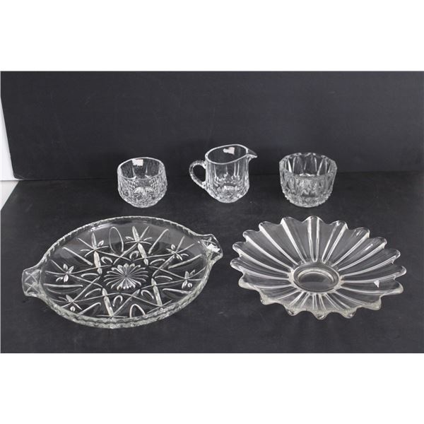 (2) Glass Trays/Plates, Creamer, (2) Sugars