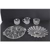 (2) Glass Trays/Plates, Creamer, (2) Sugars