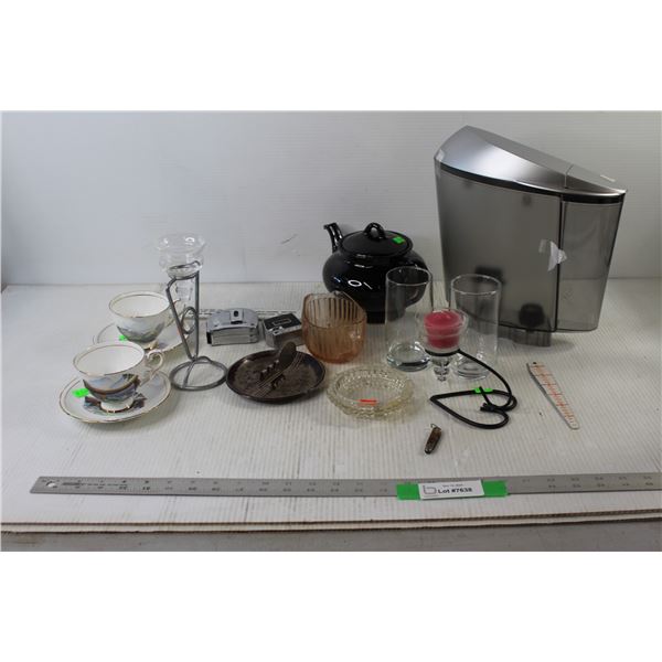 (2) Candle Holders, teapot, (2) Glass Cups, Ash Tray, (2) China Cups With Saucers, Misc.