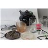 Image 3 : (2) Candle Holders, teapot, (2) Glass Cups, Ash Tray, (2) China Cups With Saucers, Misc.