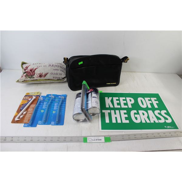 Keep Off The Grass Sign, Purse, Couch Pillow, (4) Toothbrushes, (2) Shaver Saver Spray Bottles
