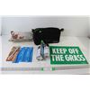 Image 1 : Keep Off The Grass Sign, Purse, Couch Pillow, (4) Toothbrushes, (2) Shaver Saver Spray Bottles