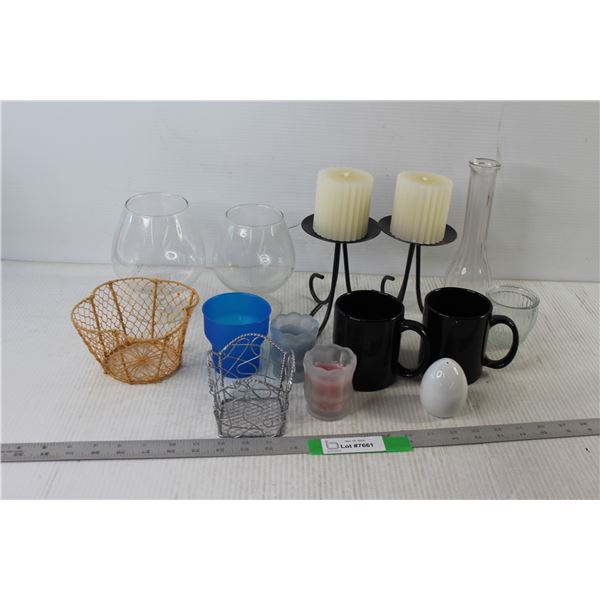 (2) Wine Glasses, (4) Candle Holders, Vase, (2) Mugs