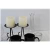 Image 3 : (2) Wine Glasses, (4) Candle Holders, Vase, (2) Mugs