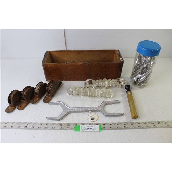 Vintage Sewing Machine Wood Drawer, Jar Kitchen Cabinet Handles, Spud Wrench, Vintage Pulleys & Insu