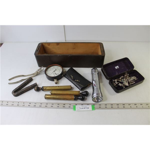 Vintage Sewing Machine Wood Drawer, Brass Air Pumps, Marsh Pressure Gauge, Vintage Sewing Machine To