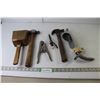 Assorted Vintage Tools (Barrel Maker's Mallet, Ball Peen Hammer, Locking Divider, Crimper, Oil Can H