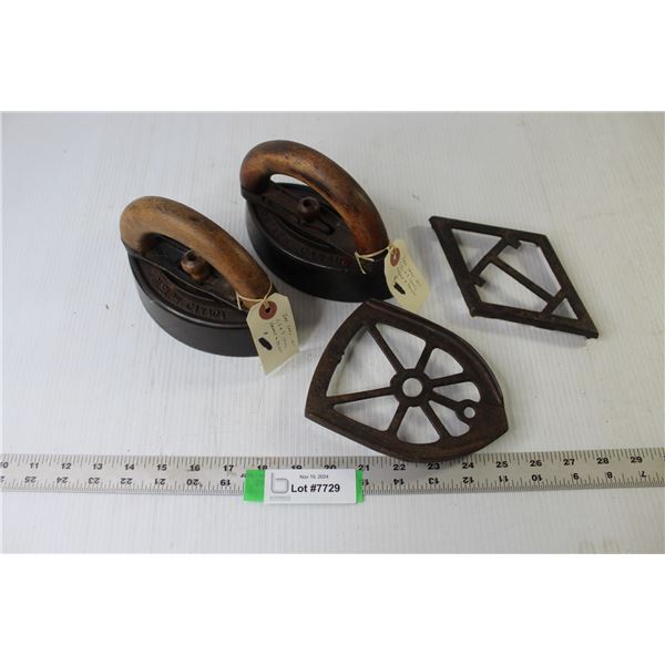 (2) Antique Sad Irons With Trivets
