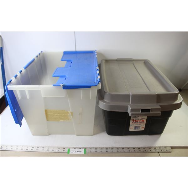 *(2) Plastic Storage Bins (Tucker Tote 25" x 16" x 10.5", Contico 21.5" x 15" x 12")