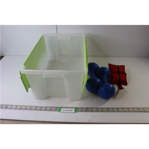 Plastic Storage Bin 18'5  x 12  x 8 , Pair 3lb Dumbbells, Ankle Weight