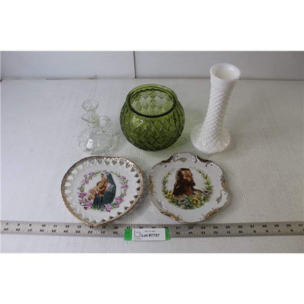 Pair Religious Wall Art - Fine China, (2) Vases, Olive Oil Dispenser