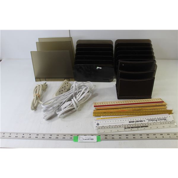 (4) Desk File Organizers, Assorted Rulers, (3) Multi-Outlet Extension Cords