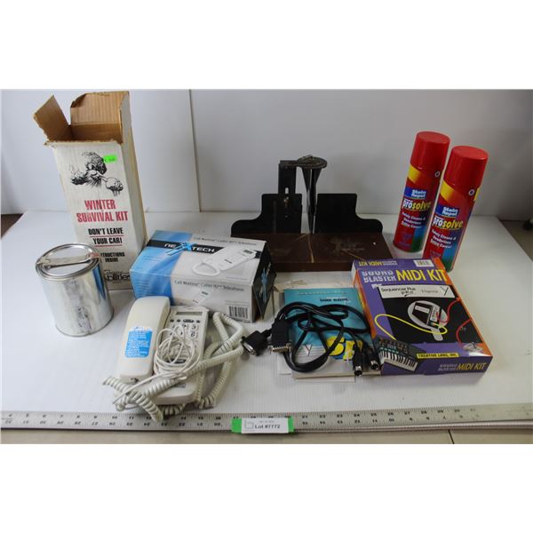 Nexxtech Telephone, Creative Labs Sound Blaster MIDI Kit, Stanley Saw Guide, Winter Survival Candle,