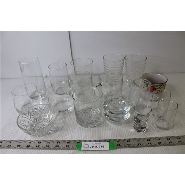Assorted Glass Ware, Candle Holders, Coffee Mug