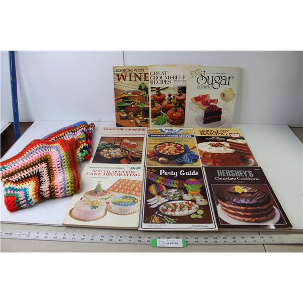 (9) Cook Books (Cakes, Cheese, Ground Beef, Parties), (2) Doilies - Square, Round
