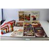 (9) Cook Books (Cakes, Cheese, Ground Beef, Parties), (2) Doilies - Square, Round