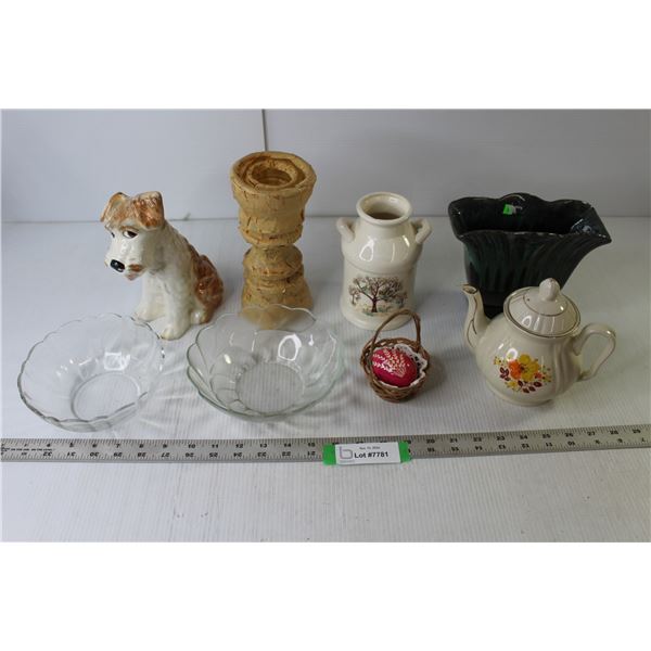 Festival Teapot, (2) Vases, Candle, Dog Ornament, Misc.