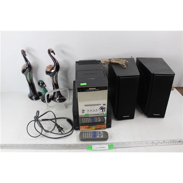 Panasonic CD Stereo System w/ (2) Speakers, (3) Ceramic Made In Japan Ornamental Birds, Misc.