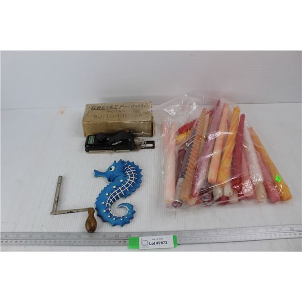 Greist Rotary Button Holer w/ Box, Seahorse Wall Hanging Decor, Misc.