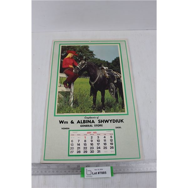 1975 Vonda Saskatchewan General Store Calendar, 10.5'' x 16'' - Missing Months