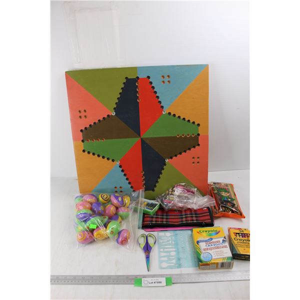Wooden Chinese Checkers Board, Various Plastic Easter Eggs, Misc.