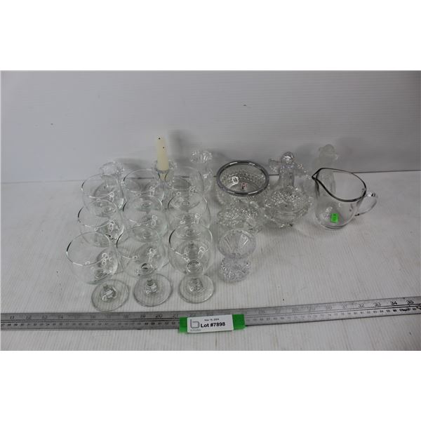 (19) Various Clear Glass/ Crystal Dishes, Candle Holders, Wine Glasses, Misc.