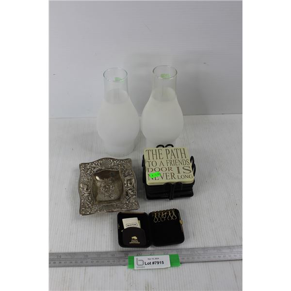 Lot Of Various Items, Coasters, (2) Frosted Glass Lamp Globes, Misc.