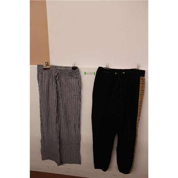(2) Women's small Old Navy pants, women's medium Burberry sweats some staining