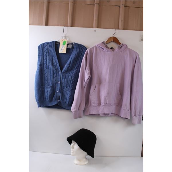 (3) Forever 21 women's sweater some staining, Tabi sweater vest-M, felt hat