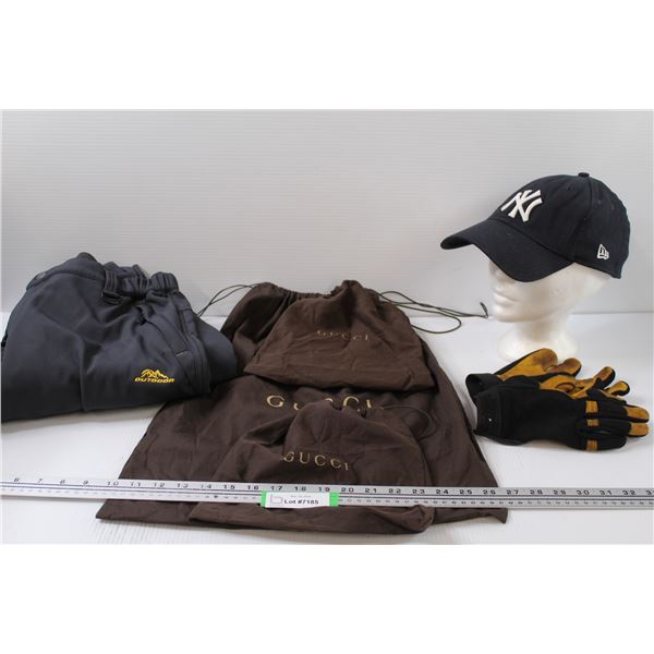 (3) Reusable Gucci bags- cannot authenticate, NY Yankees hat, Watson worn work gloves- M, Men's Outd
