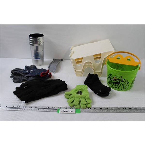 3 shoe racks, 5 cups, 3 sets of gloves, 1 pair socks, McDonald's Happy Meal container