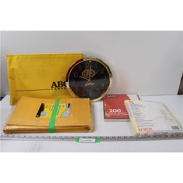 Office supplies: CAA clock, looseleaf, colored paper, large envelopes, folio
